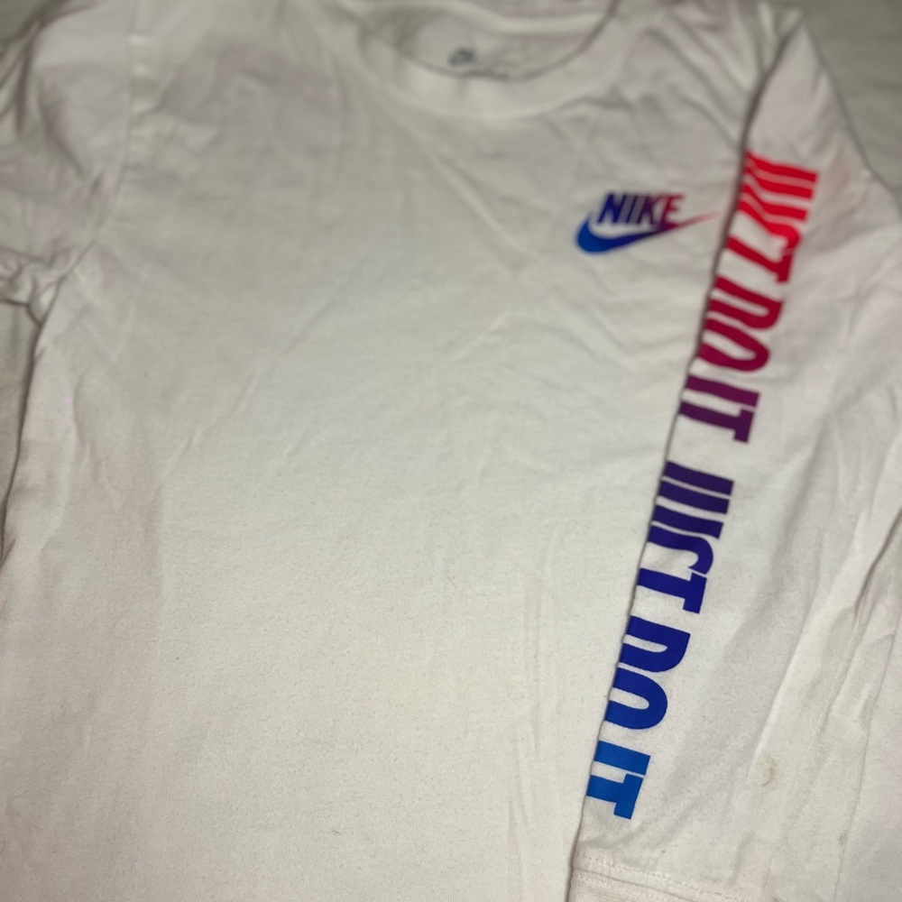 Kids Age 6-7, Nike White Long Sleeve Tee with Red and Blue Accents